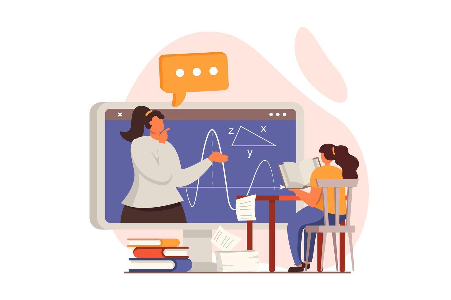 School teacher web concept in flat design. Schoolgirl reads book and watches lecture. Teacher explains in online webinar. Education and gain knowledge. illustration with people scene vector