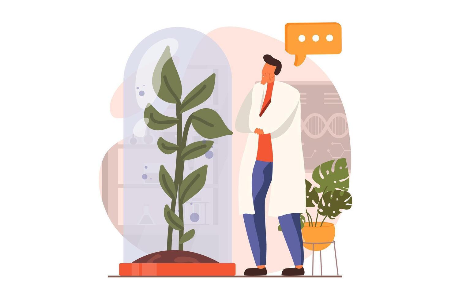 Science laboratory web concept in flat design. Man scientist is examining huge plant in lab. Biologist doing biotechnology research and agriculture engineering. illustration with people scene vector