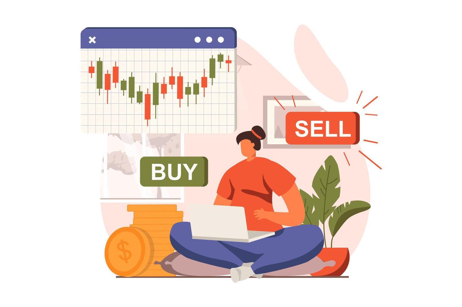Stock market web concept in flat design. Woman broker analyzing trends and researching market, creates strategy, buy and sell, invests money, increases profit. illustration with people scene vector