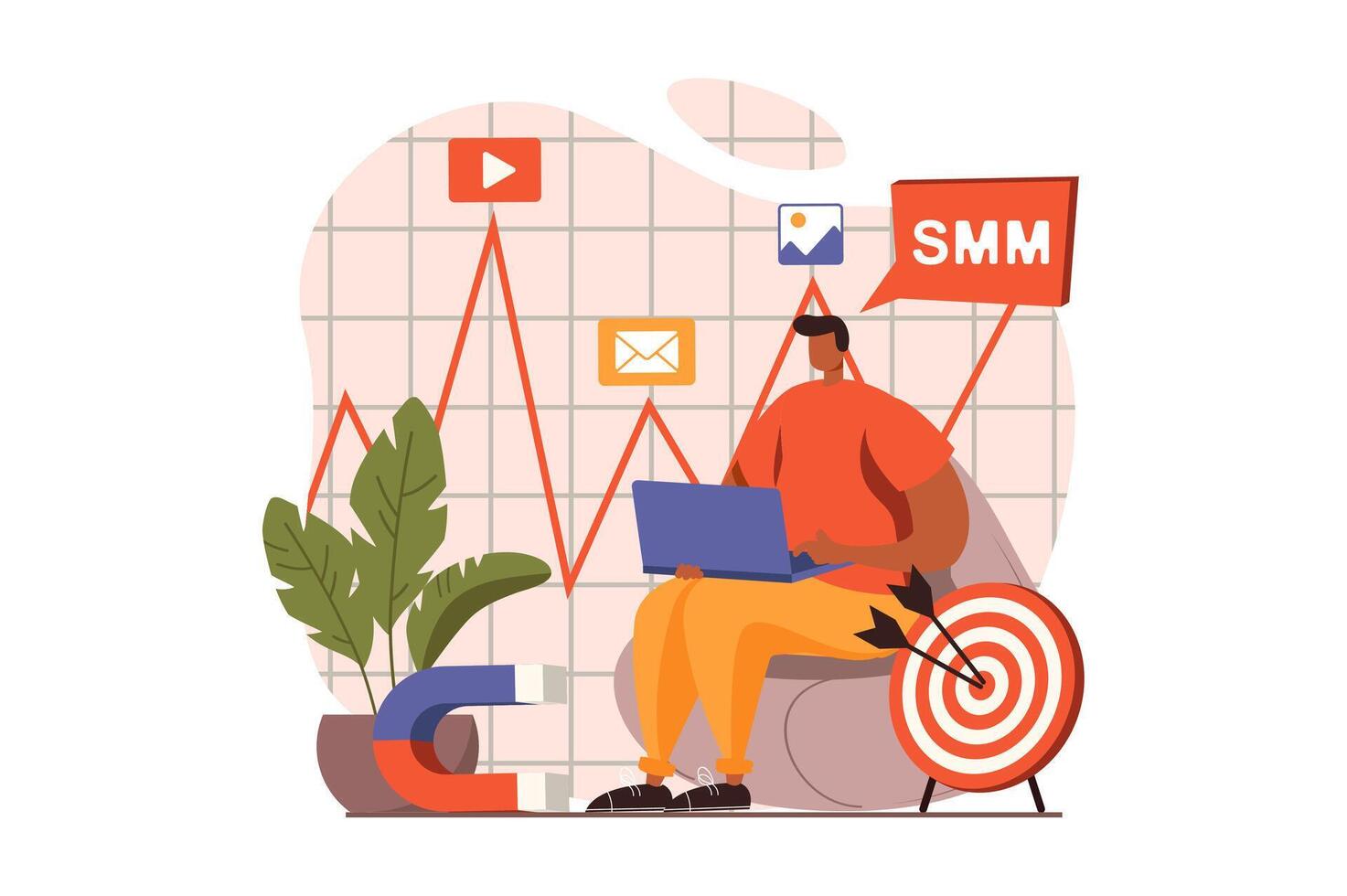 Social media marketing web concept in flat design. Marketer creates success SMM strategy, studies target audience and creates content. Advertising and promotion. illustration with people scene vector