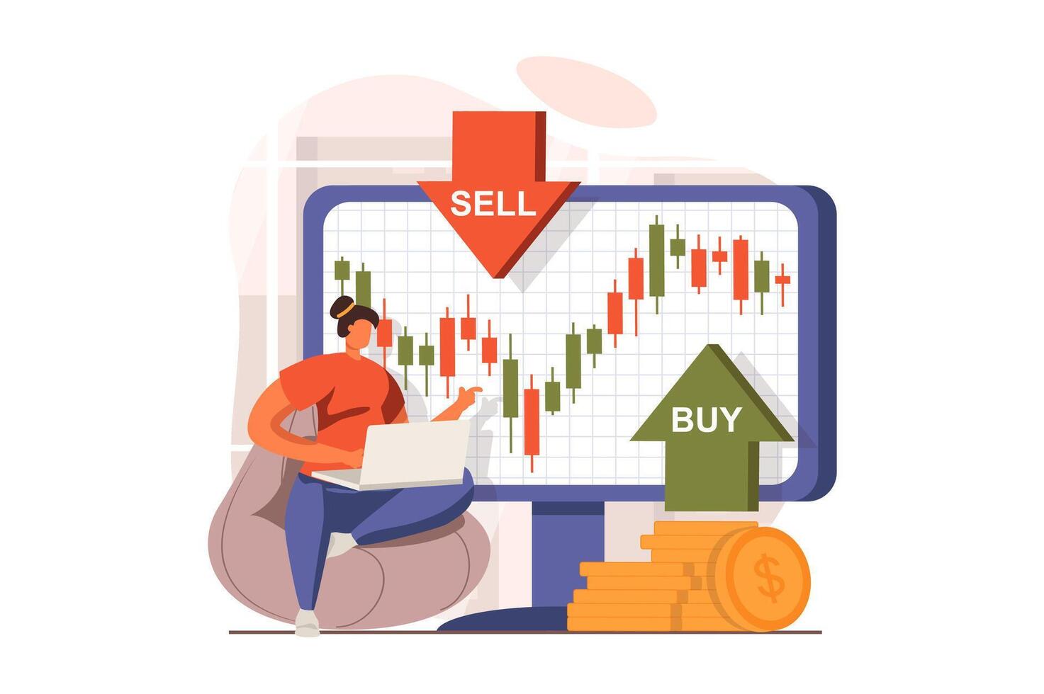 Stock market web concept in flat design. Businesswoman analyzing trends and charts, buys and sells stocks, forex trading, invests money and increases her income. illustration with people scene vector