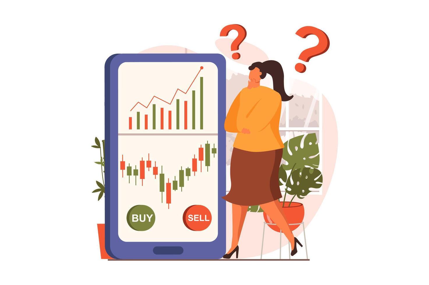 Stock market web concept in flat design. Woman broker analyzing trends and researching market, creates strategy, thinks and decides to sell or buy stocks in app. illustration with people scene vector