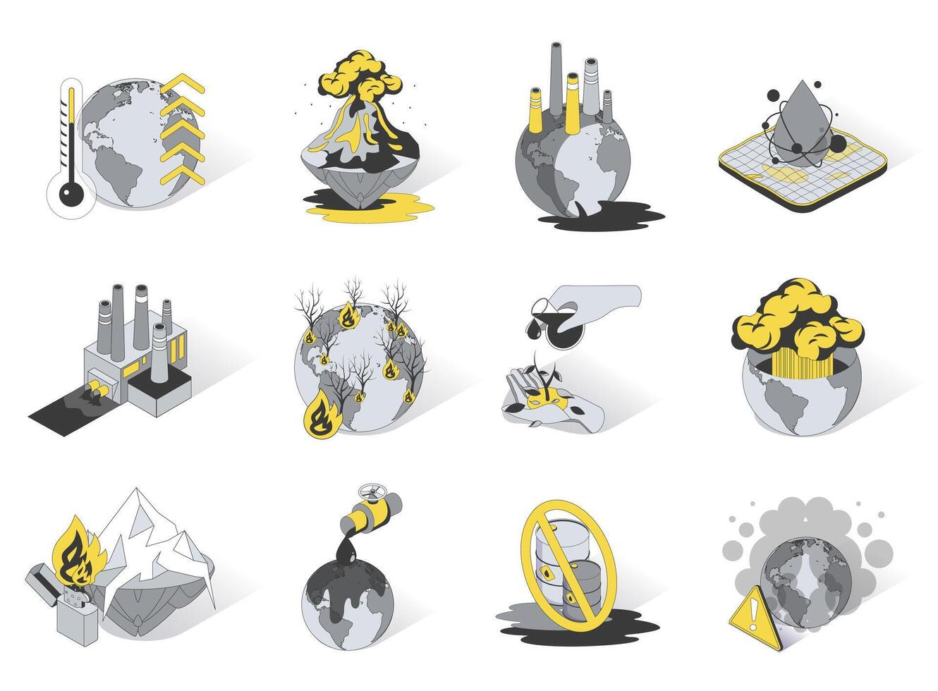 Global warming and pollution 3d isometric icons set. Pack elements of climate change on planet, emissions, volcano explosions, forest fires, oil industry. illustration in modern isometry design vector