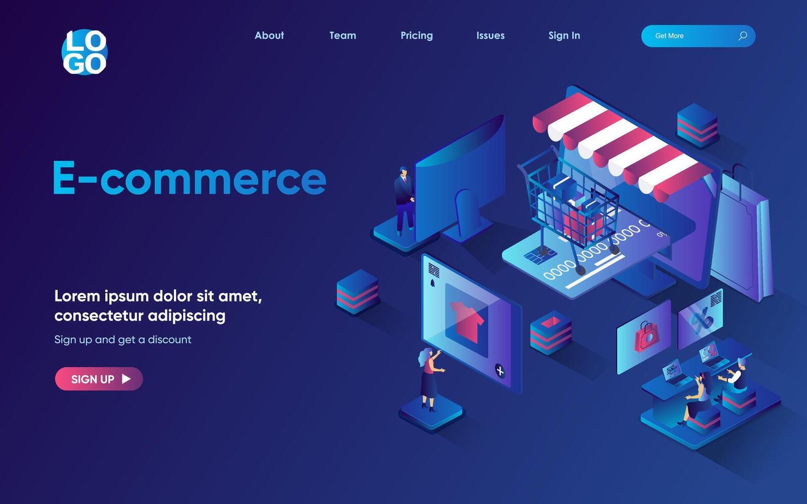 E-commerce concept 3d isometric web landing page. People make purchases, choose good on website of store, pay online with credit card, use delivery service. illustration for web template design vector