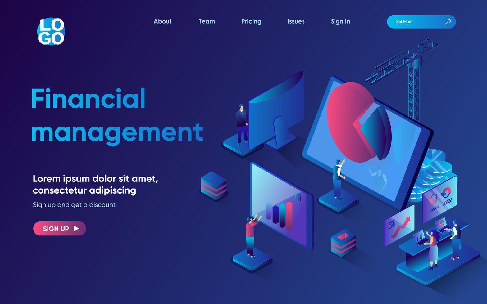 Financial management concept 3d isometric web landing page. People analyze data on income and expenses, accounting, create strategy to increase income. illustration for web template design vector