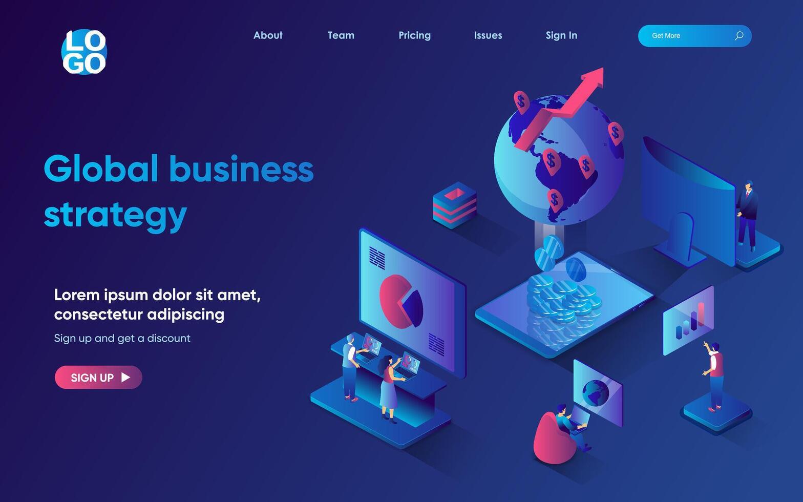 Global business strategy concept 3d isometric web landing page. People working in international company, open and manage businesses around the world. illustration for web template design vector