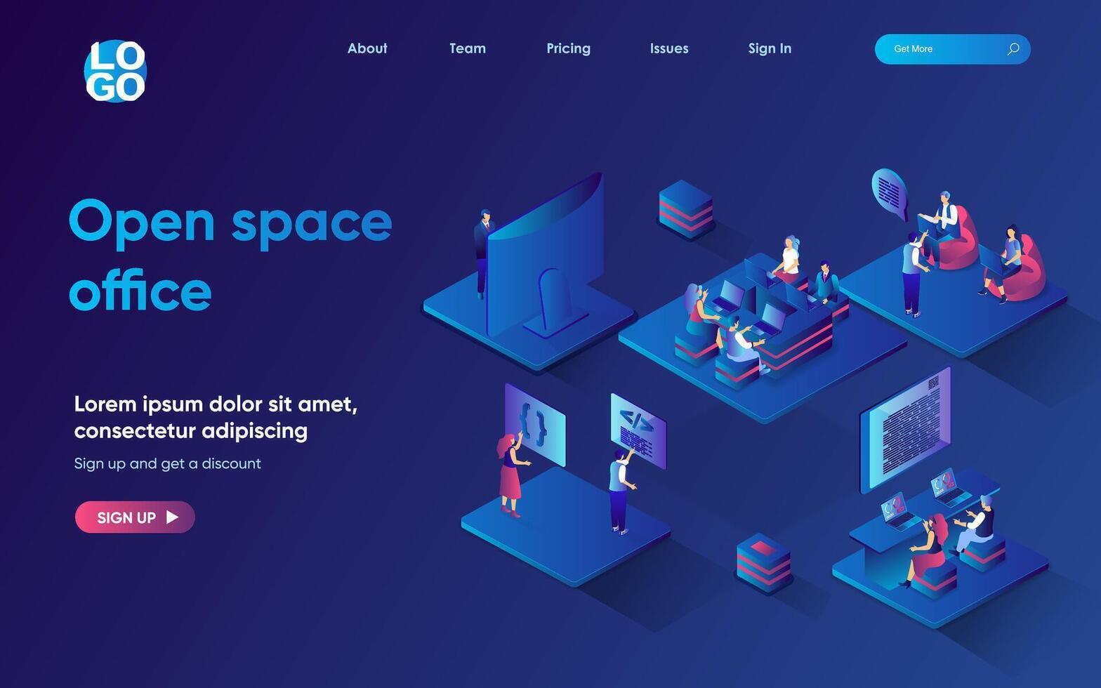 Open space office concept 3d isometric web landing page. People work in coworking place together, perform and discuss tasks, collaborate and brainstorm. illustration for web template design vector