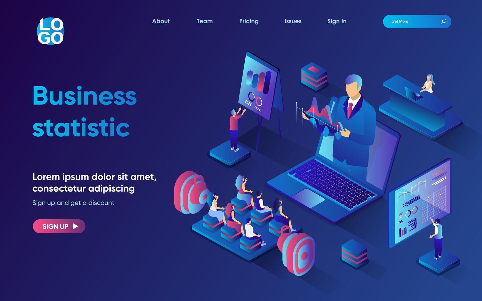 Business statistic control concept 3d isometric web landing page. People work in team, audit and coaching, market and consumer research, data analysis. illustration for web template design vector