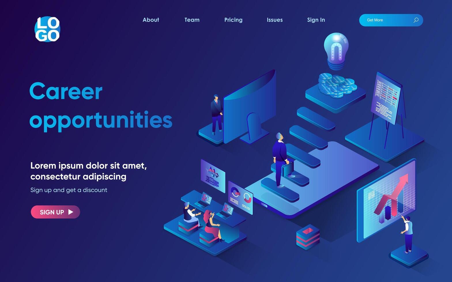 Career opportunities concept 3d isometric web landing page. People working, employee climbs career ladder, improves professional skills and leadership. illustration for web template design vector