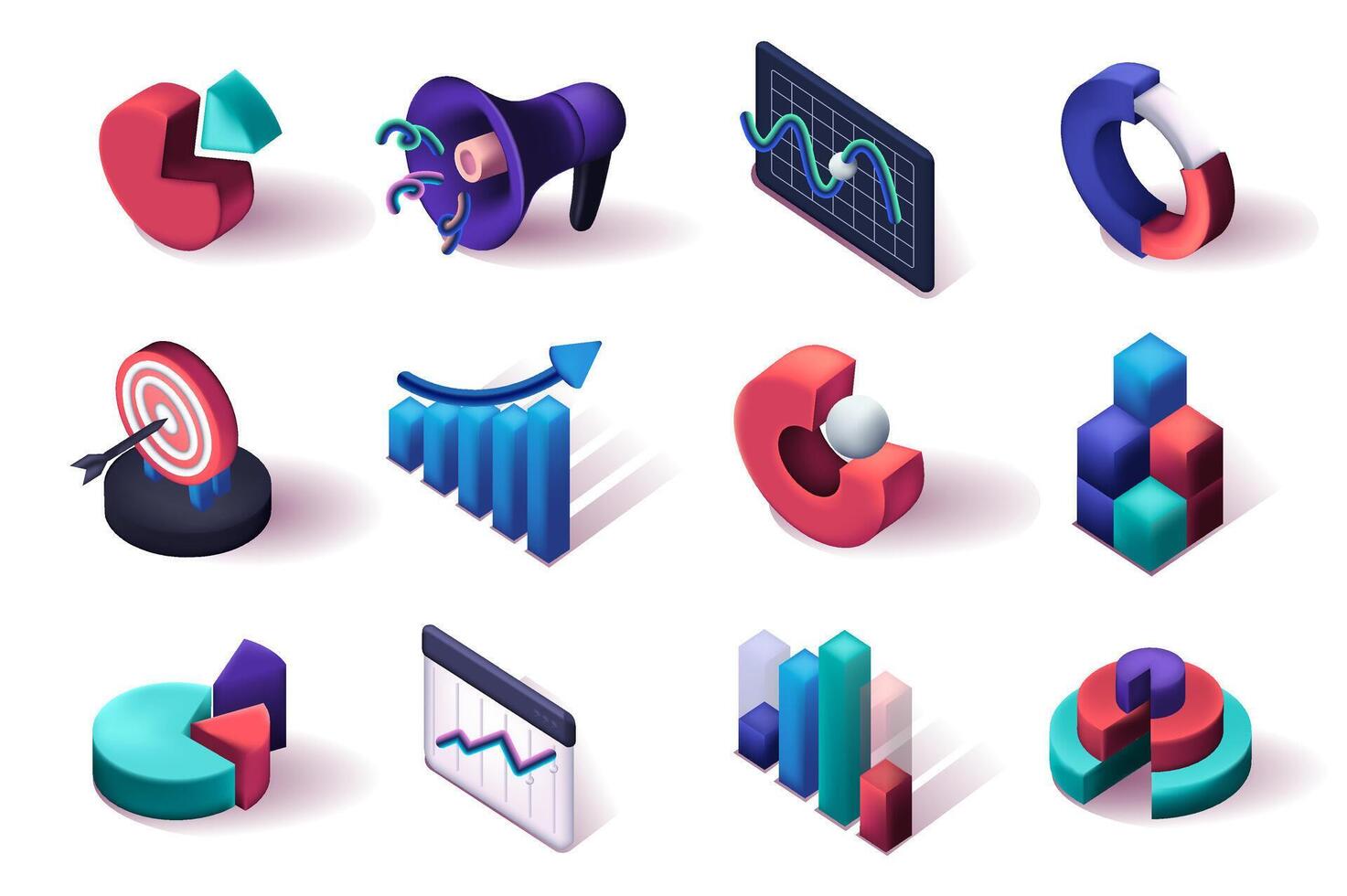 Marketing research 3d isometric icons set. vector