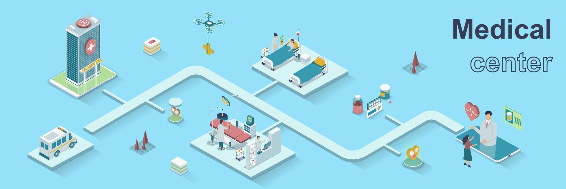 Medical center concept 3d isometric web banner. People receive online consultation, patients lying in ward, surgery, ambulance at hospital. illustration for landing page and web template design vector