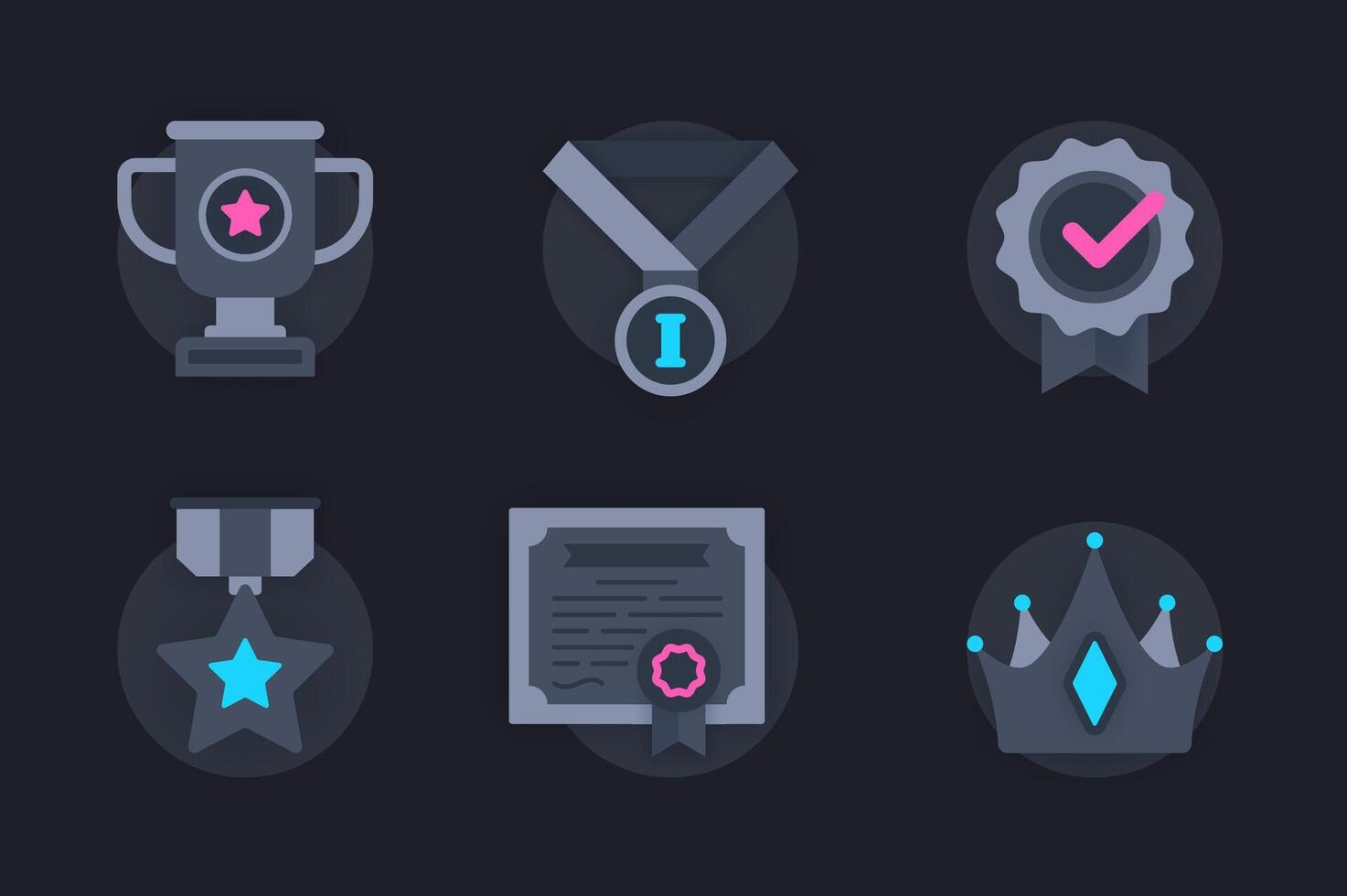 Award web concept of 3d paper icons set. Pack flat pictograms of awarding winners with cups, medals, reward badges and victory stars, diplomas and crown. elements for website in dark style vector