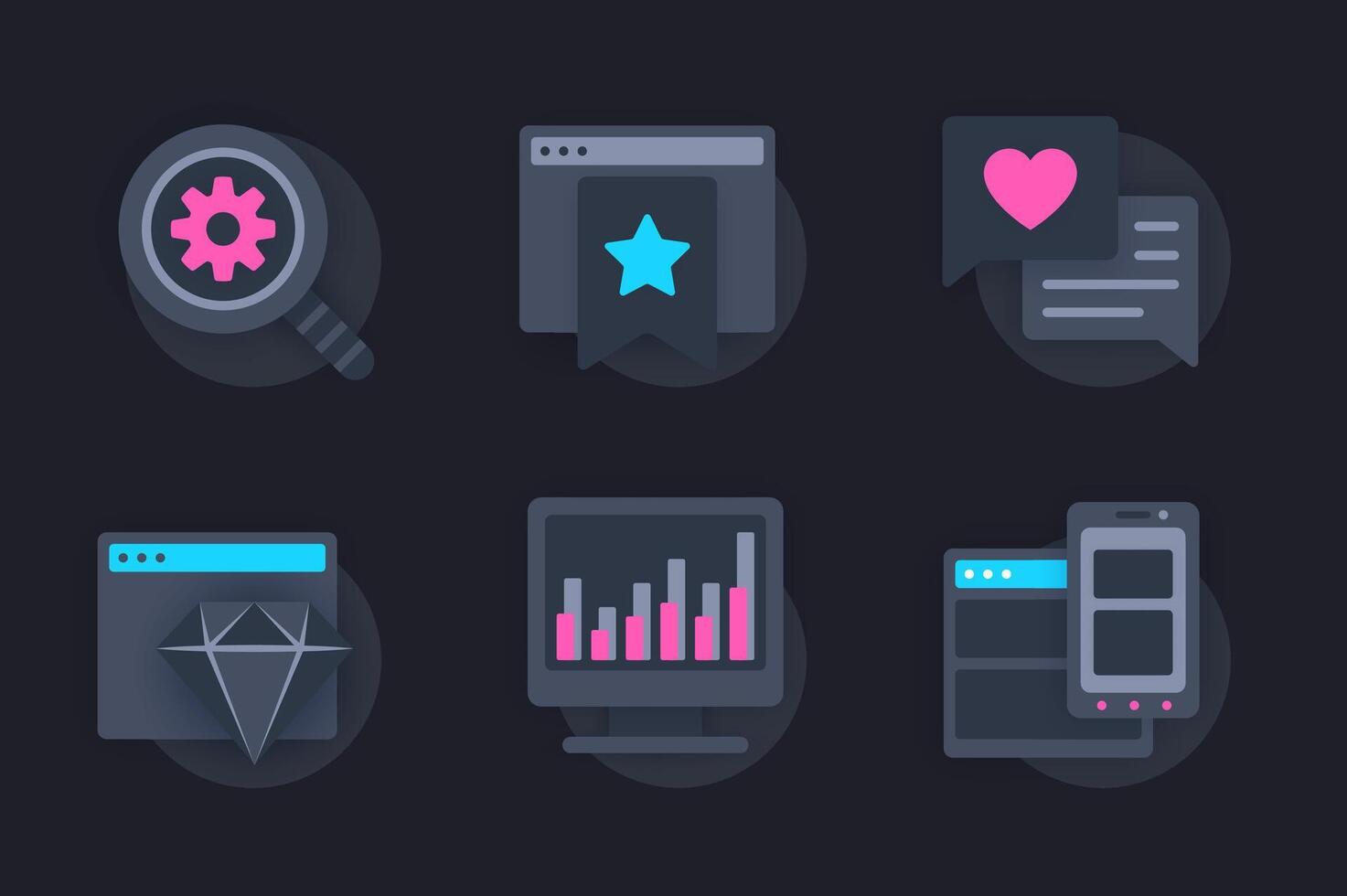 Seo optimization web concept of 3d paper icons set. Pack flat pictograms of search and settings of pages, promotion of sites in top, analysis of statistics. elements for website in dark style vector