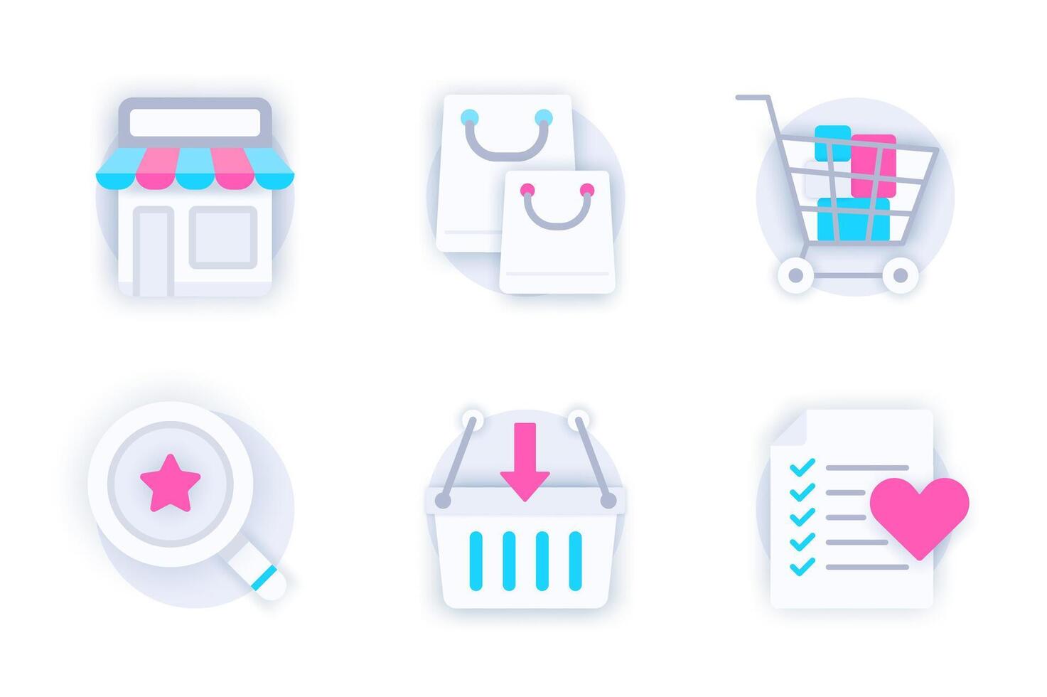 Shopping web concept of 3d paper icons set. Pack flat pictograms of purchases, shop bags, store, supermarket trolley, searching goods, basket and wish list. elements for mobile app and website vector