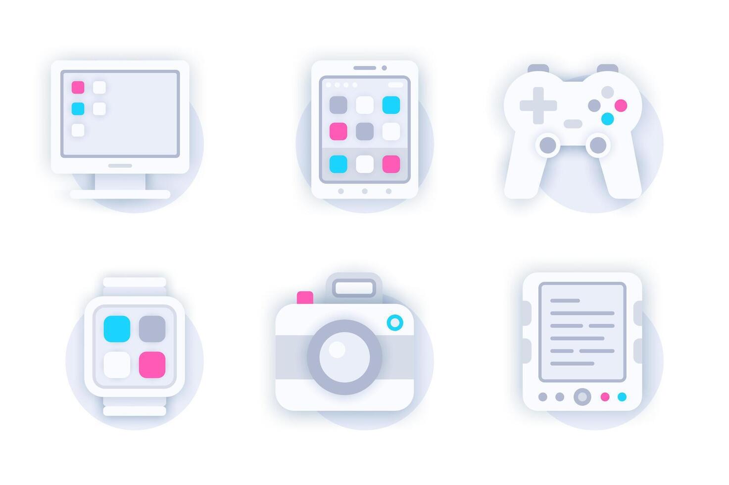 Personal devices web concept of 3d paper icons set. Pack flat pictograms of desktop computer, smartphone, game joystick, smart watch, photo camera, e-book. elements for mobile app and website vector