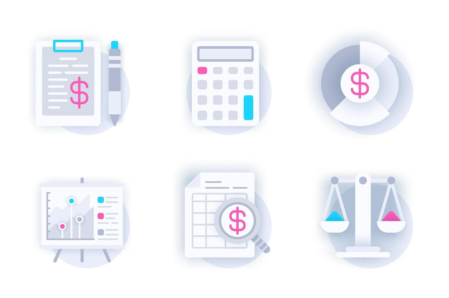 Financial report web concept of 3d paper icons set. Pack flat pictograms of calculation, study of financial statistics, strategy planning, budget, balance. elements for mobile app and website vector