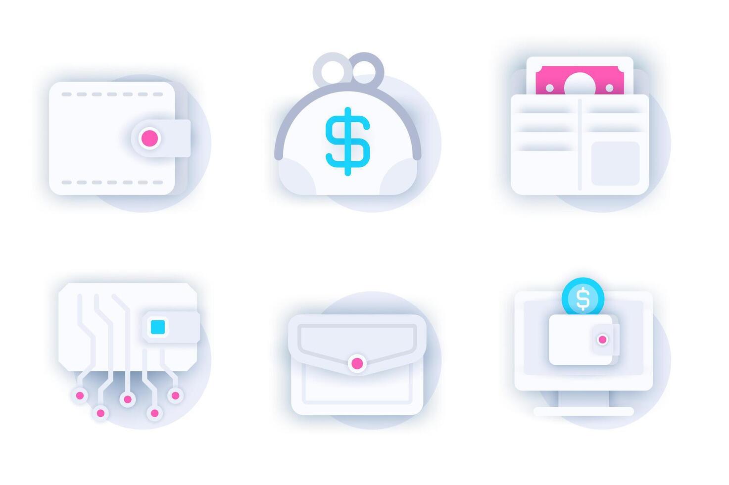 Wallet web concept of 3d paper icons set. Pack flat pictograms of different types of wallets, cash storage, money savings, online services and payment. elements for mobile app and website vector