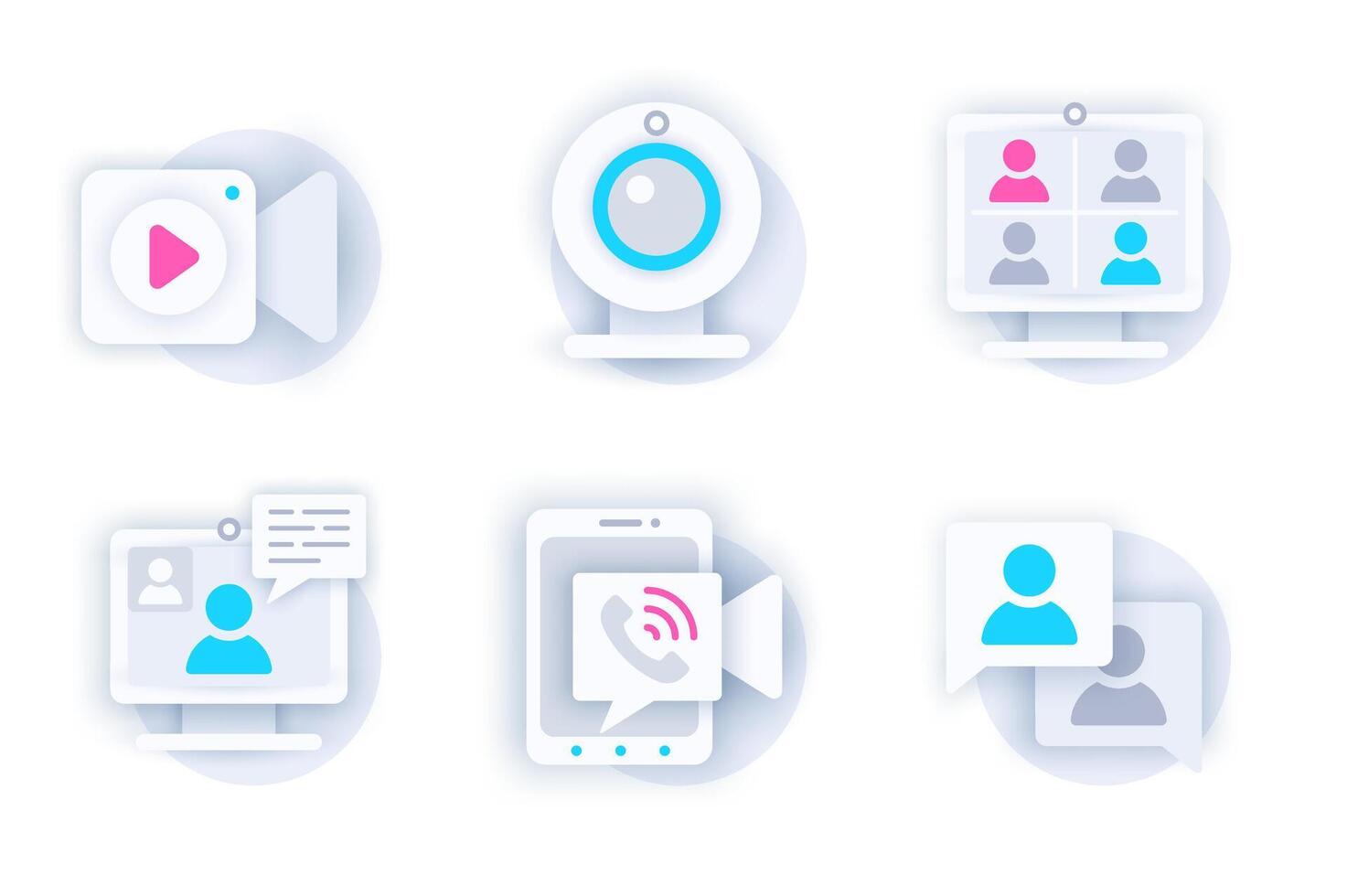 conference web concept of 3d paper icons set. Pack flat pictograms of cameras, screen with group online call, working discussion on meeting. elements for mobile app and website vector