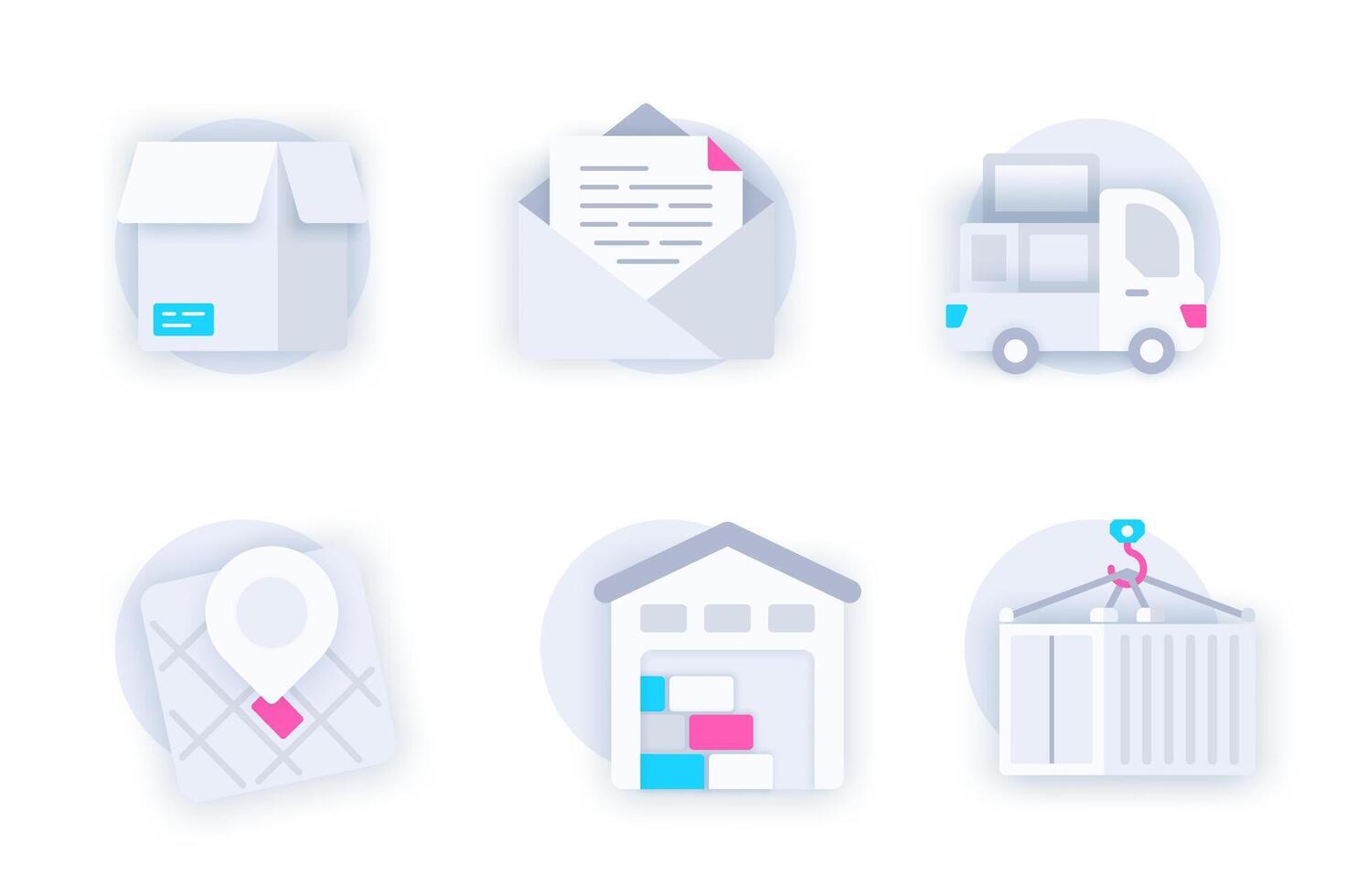 Delivery service web concept of 3d paper icons set. Pack flat pictograms of parcel box, letter in envelope, truck, location tracking, warehouse, container. elements for mobile app and website vector