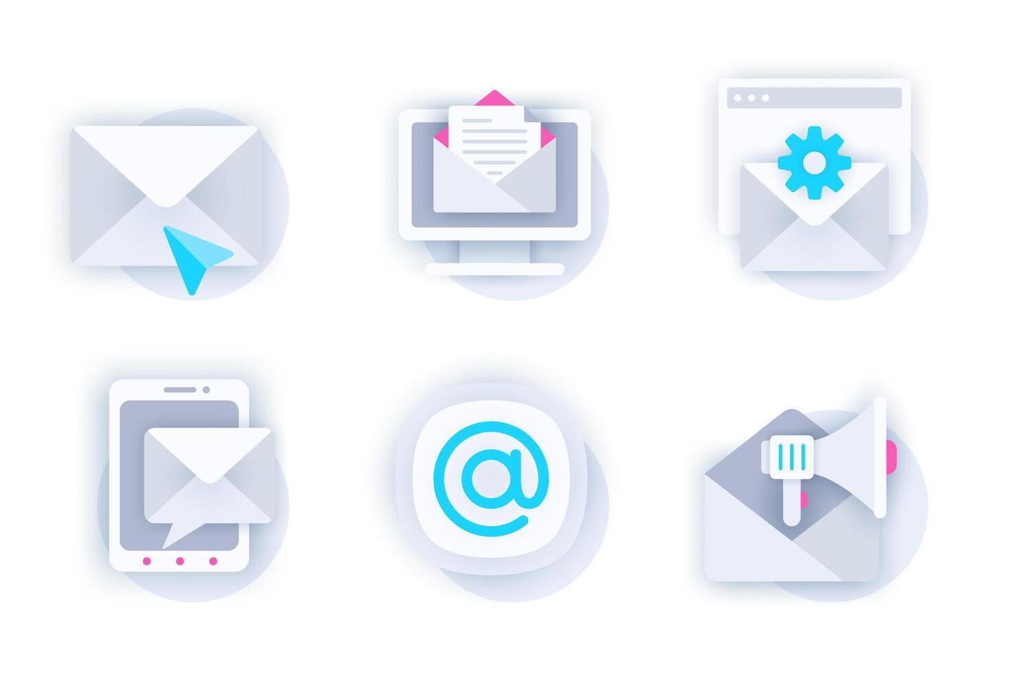 Email service web concept of 3d paper icons set. Pack flat pictograms of sending letter, online correspondence, settings, chat message, promotional mailing. elements for mobile app and website vector