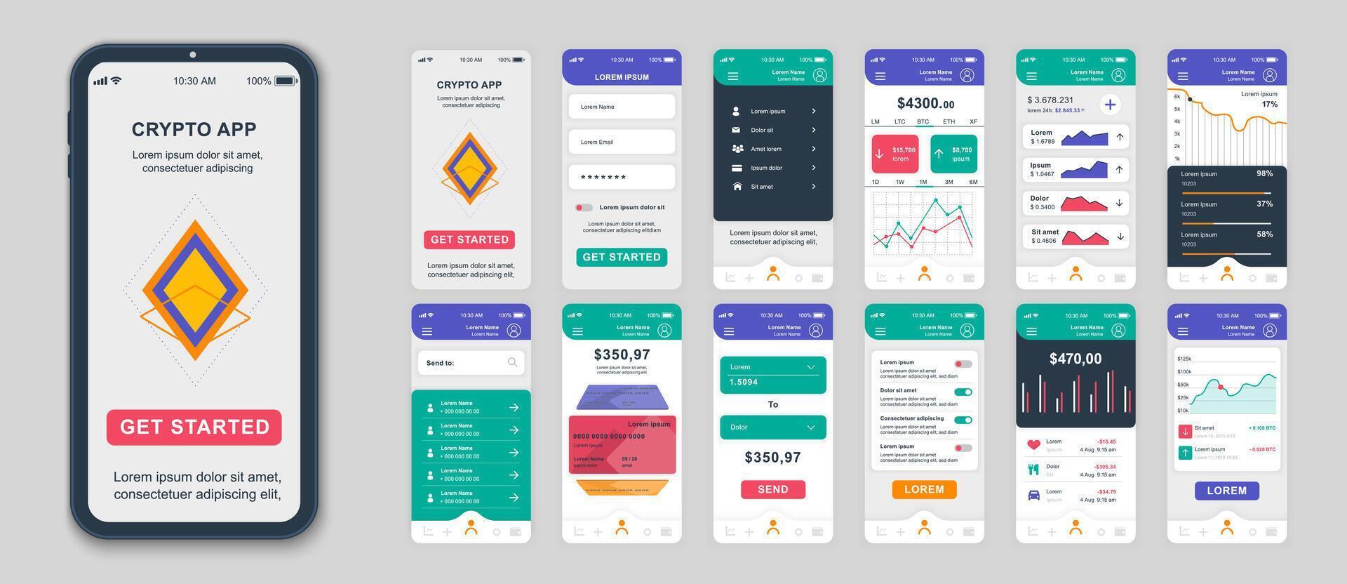 Set of UI, UX, GUI screens Cryptocurrency app flat design template for mobile apps, responsive website wireframes. Web design UI kit. Cryptocurrency Dashboard. vector