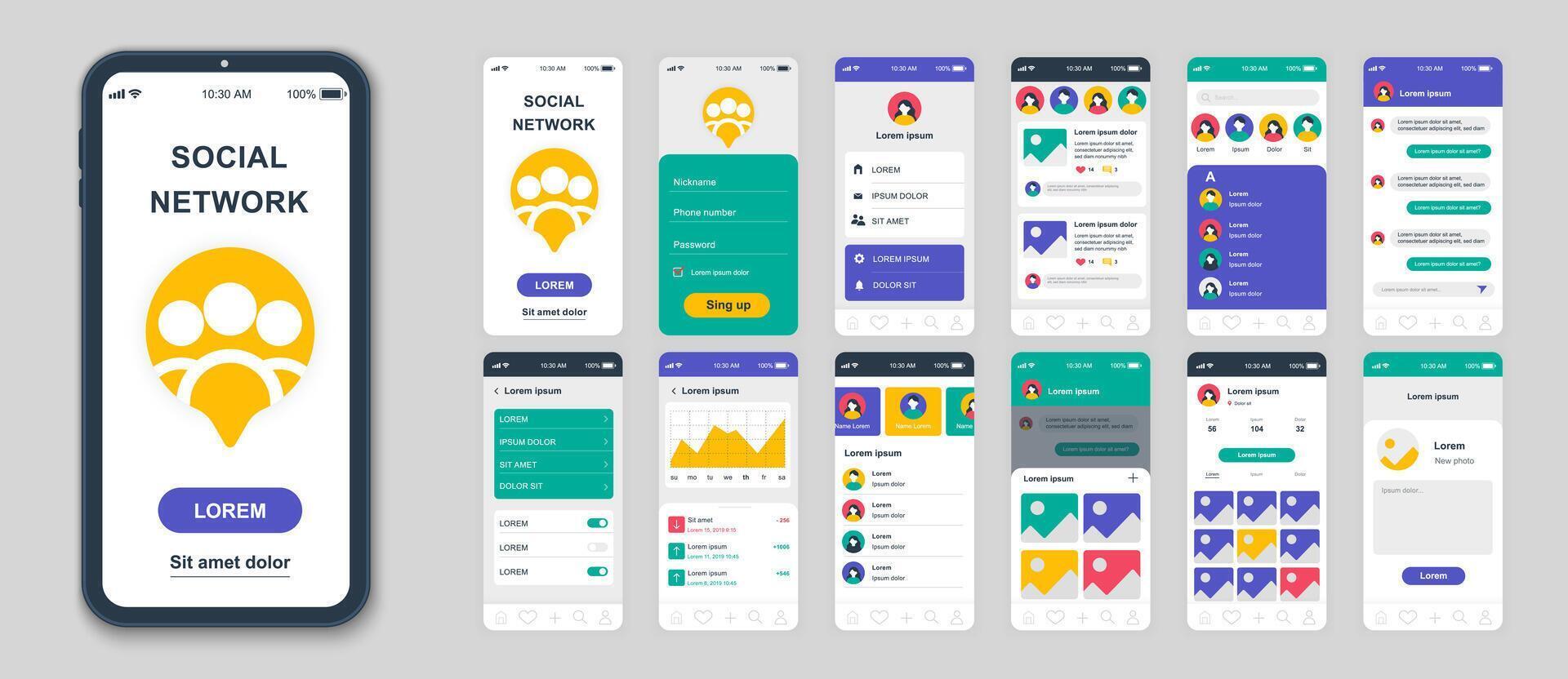 Set of UI, UX, GUI screens Social Network app flat design template for mobile apps, responsive website wireframes. Web design UI kit. Social Network Dashboard. vector