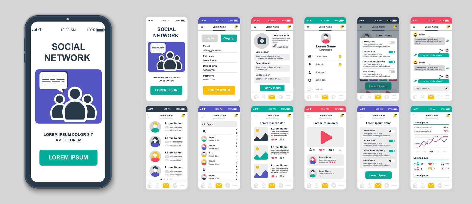 Set of UI, UX, GUI screens Social Network app flat design template for mobile apps, responsive website wireframes. Web design UI kit. Social Network Dashboard. vector