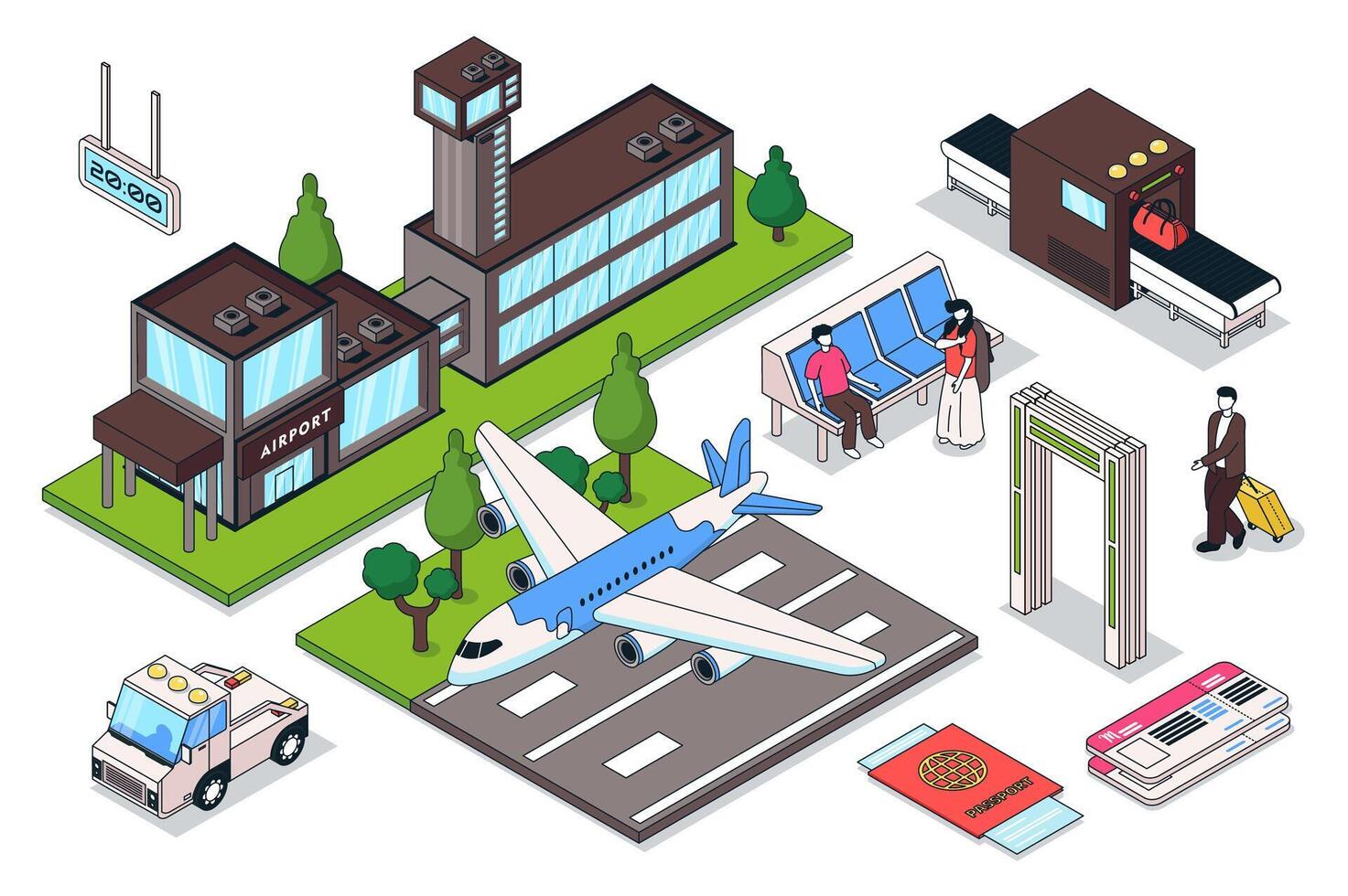 aire viaje 3d isométrica mega colocar. colección plano isometria elementos y personas de aeropuerto edificio, pasaporte o boleto control, esperando sala, pasajero equipaje, transferir a avión. ilustración. vector