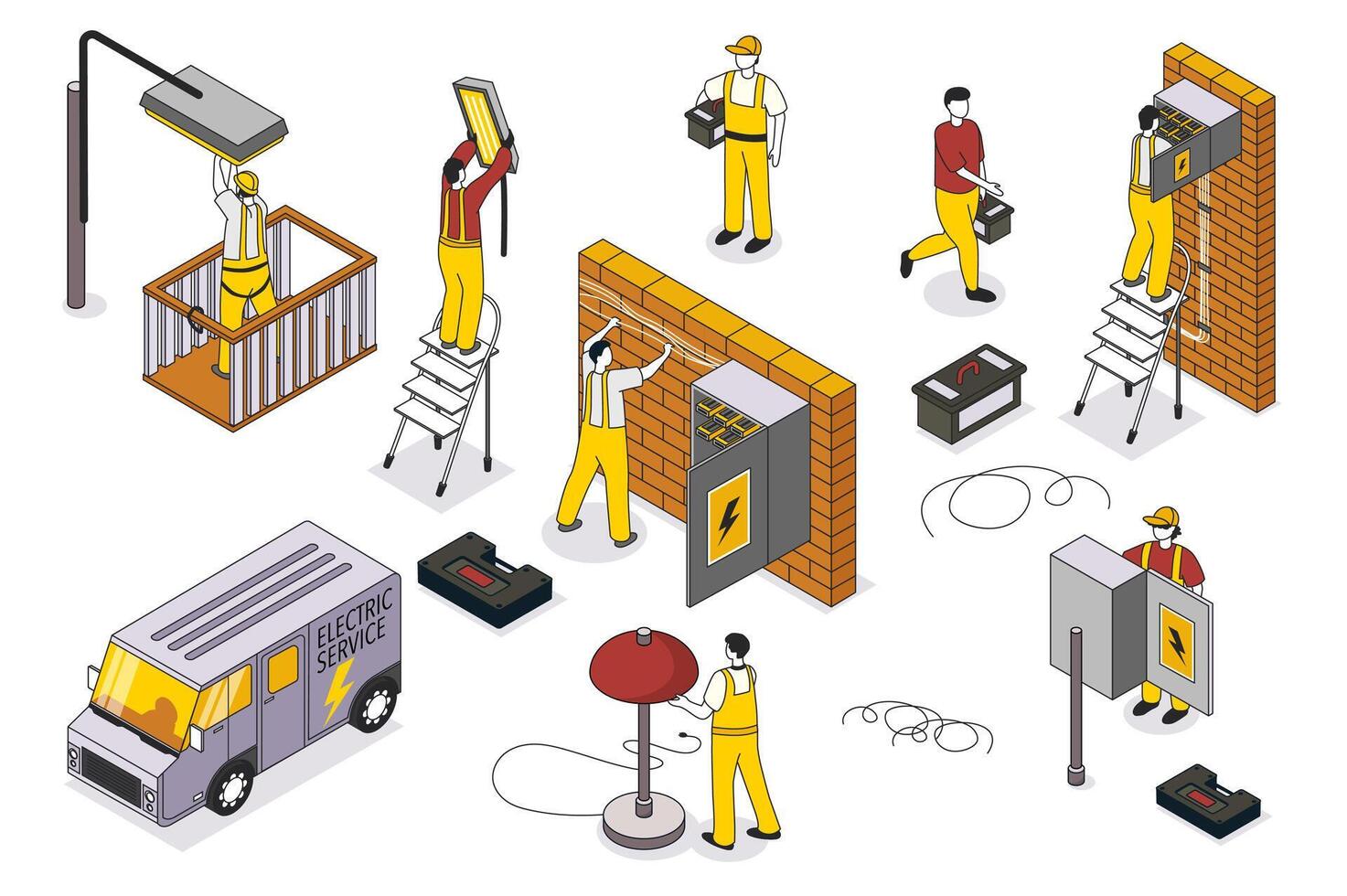 Household electrician 3d isometric mega set. Collection flat isometry elements and people of technical engineers fixing electric box, cables, lamps, street lights, switch boards. illustration. vector