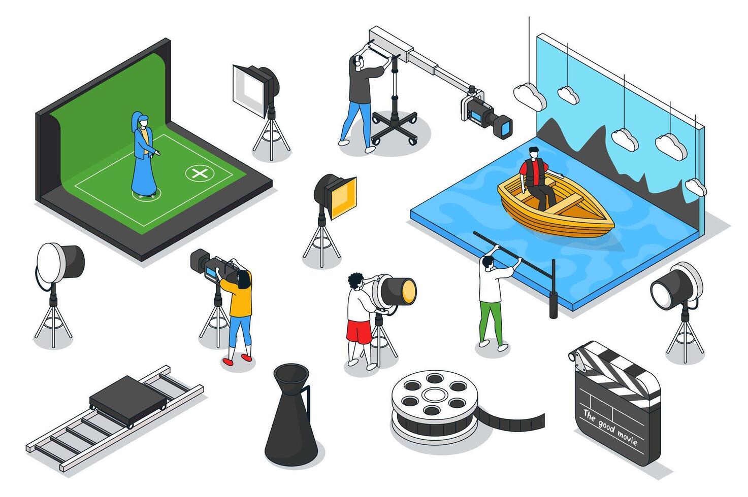 Movie production 3d isometric mega set. Collection flat isometry elements and people of backstage scenes, cinema making equipment, cameramans, shooting crew, actors, spotlights. illustration. vector