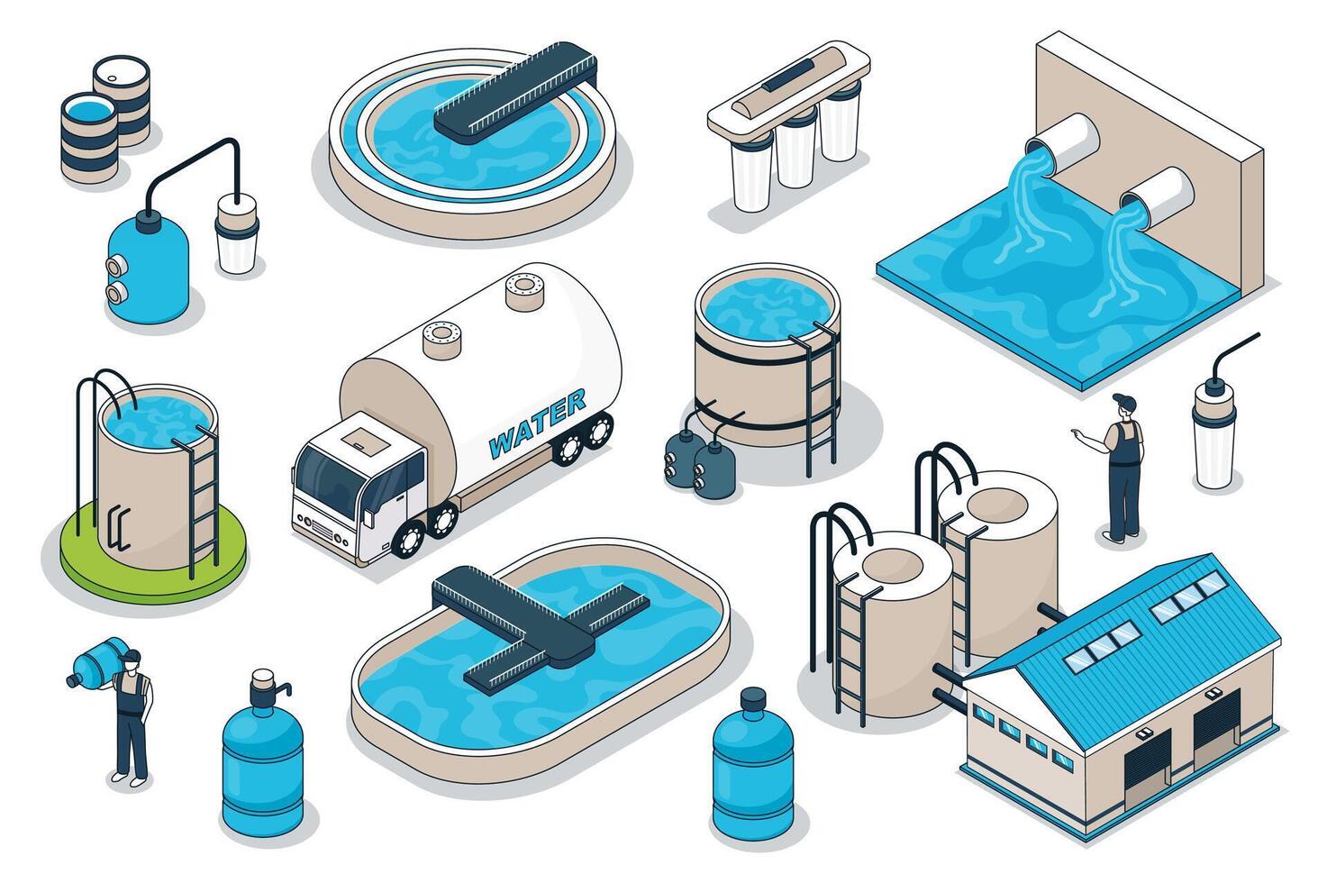 Water purification 3d isometric mega set. Collection flat isometry elements and people of wastewater cleaning plant, filtration pool, tank reservoir, pump station, transportation. illustration. vector