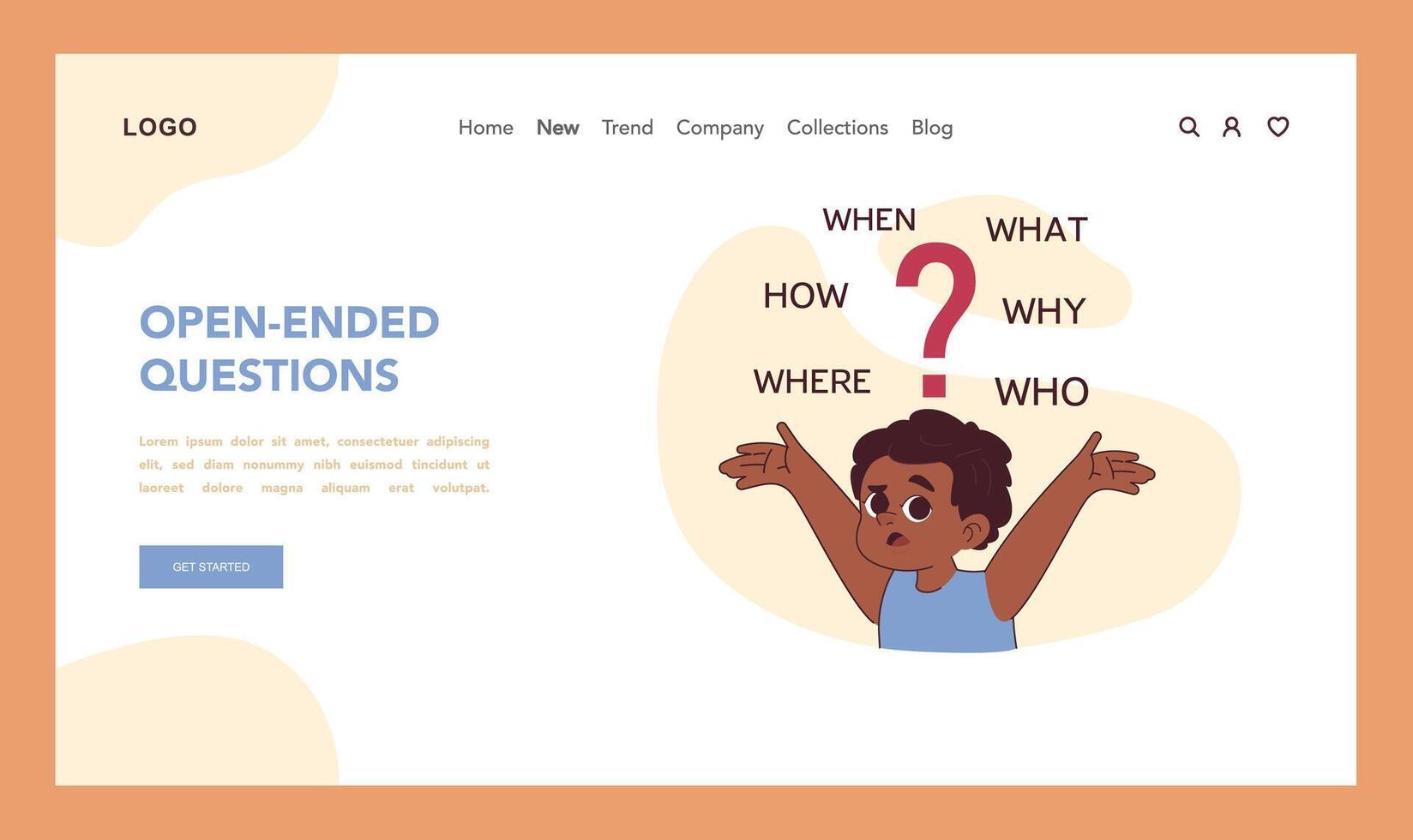 Open-ended questions concept. Inquisitive boy surrounded by queries vector