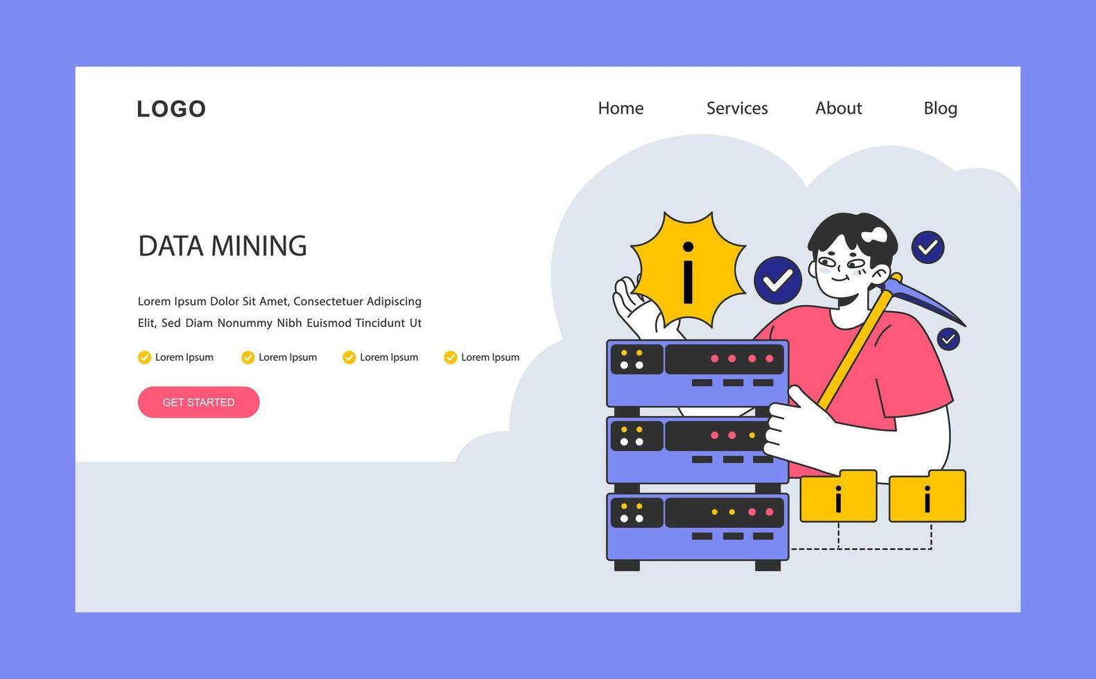Data mining. An expert analyzing servers for valuable insights. vector