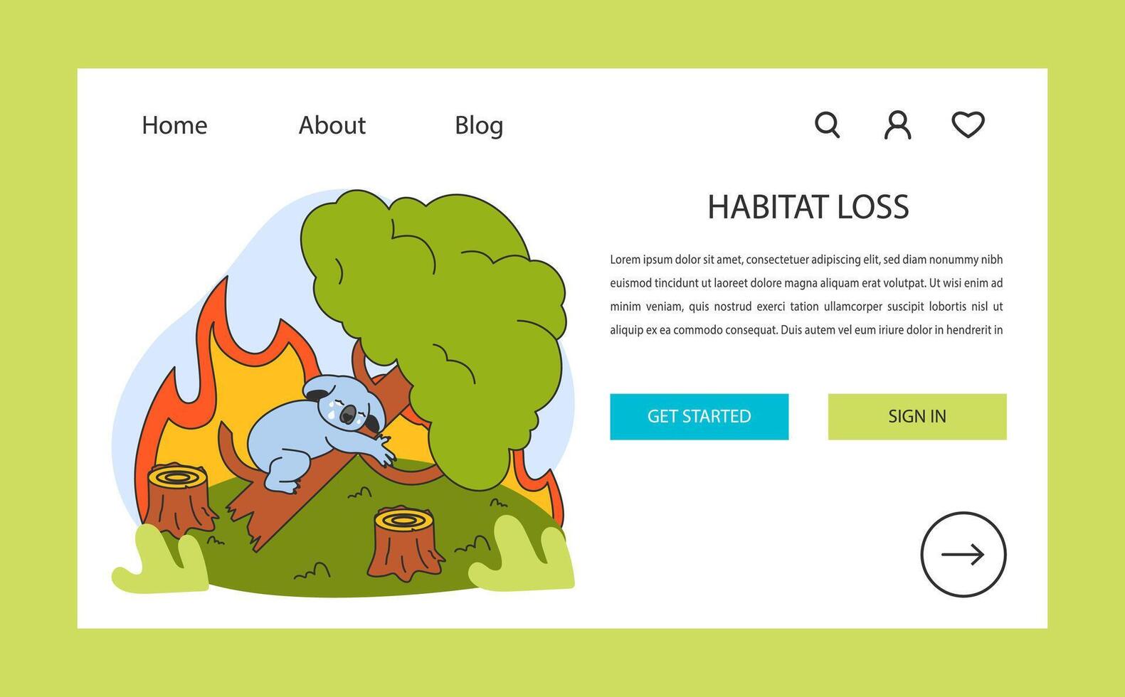 Habitat loss web banner or landing page. Distressed koala amidst flames. vector