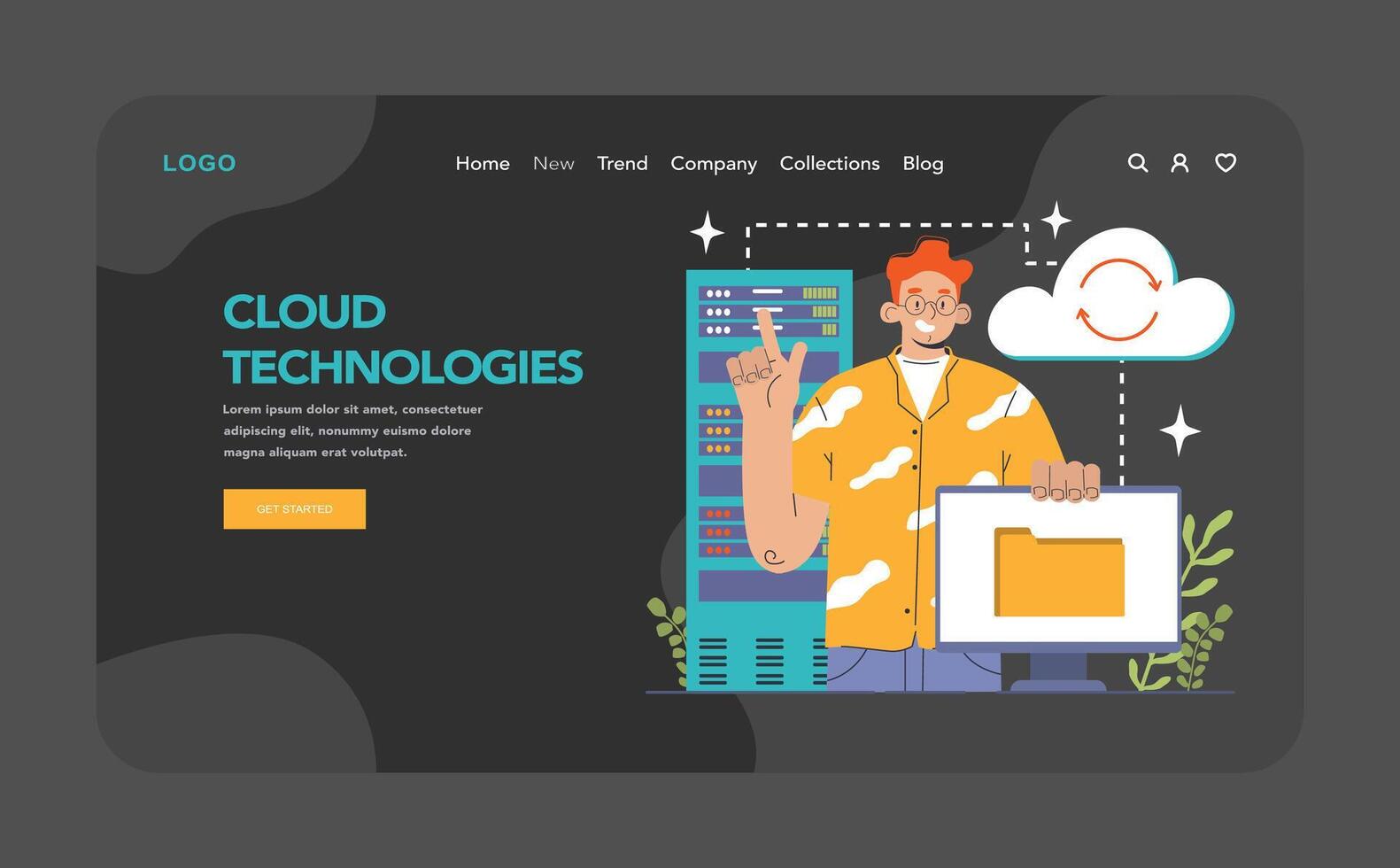 Cloud technology web banner or landing page dark or night mode vector