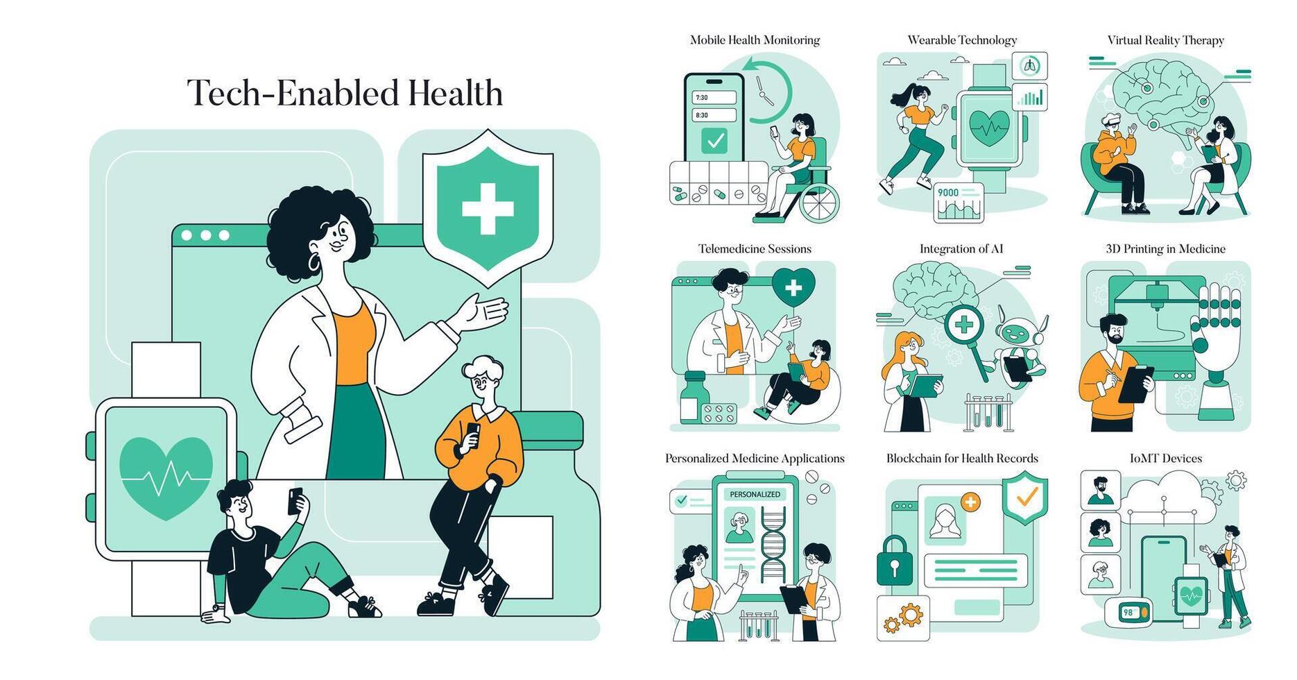 Tech Enabled Health. Flat Illustration vector
