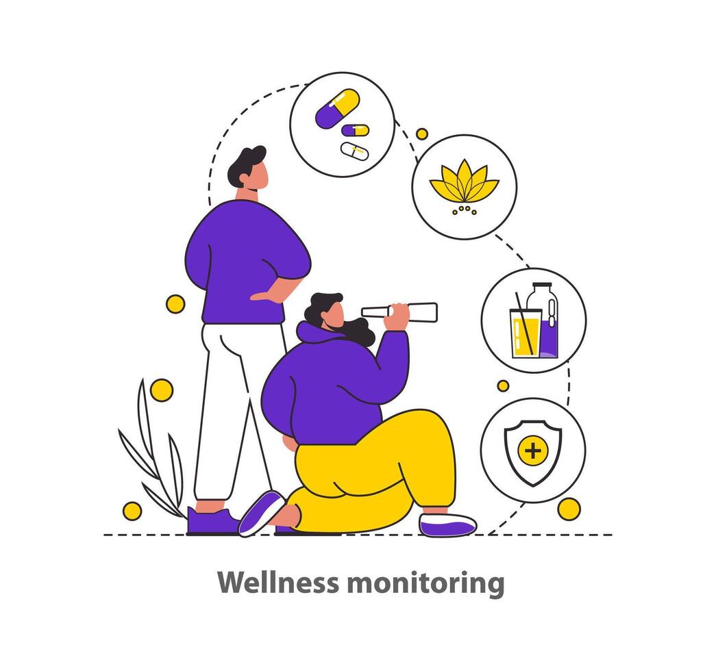 Wellness Monitoring concept Showcases proactive health engagement with medication, hydration, and protection measures Encourages consistent wellness habits illustration vector
