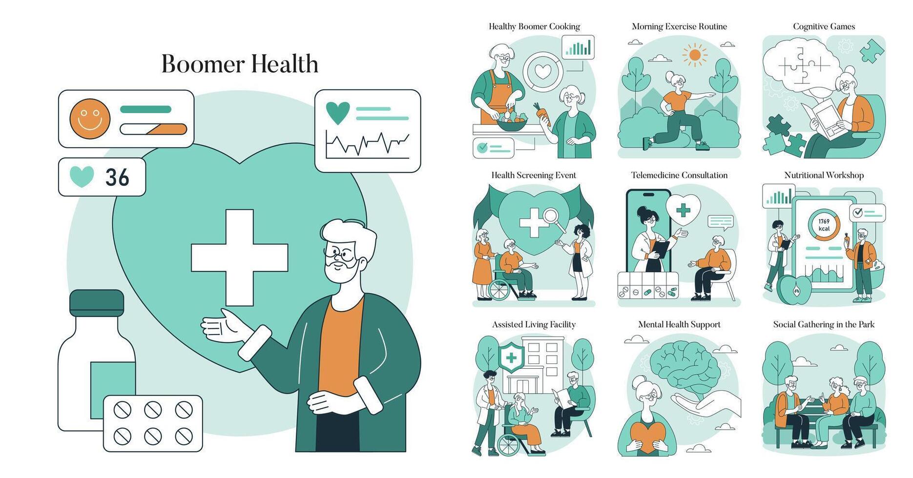 Boomer Health. Flat Illustration vector