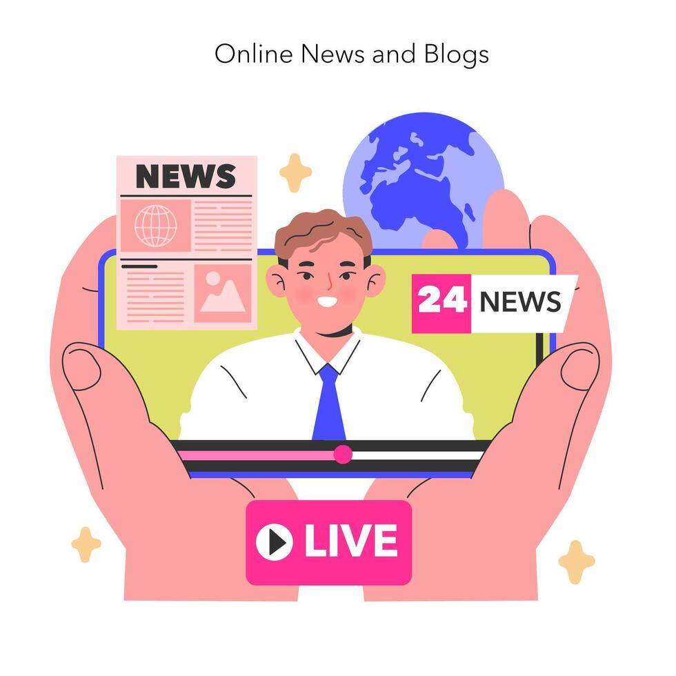 Online News and Blogs concept A digital newsreader presents live updates from around the globe, encapsulating a world connected by information illustration vector