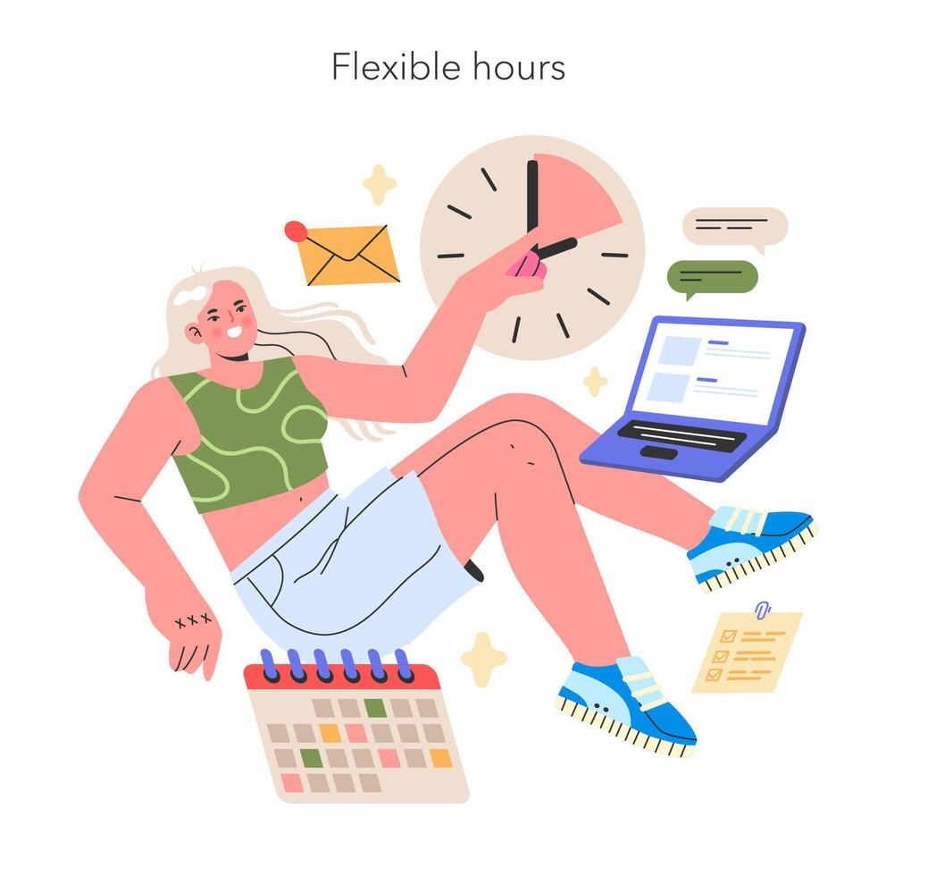 Flexible Hours illustration Cheerful professional manages time efficiently with digital tools in a relaxed, home-based environment illustration vector