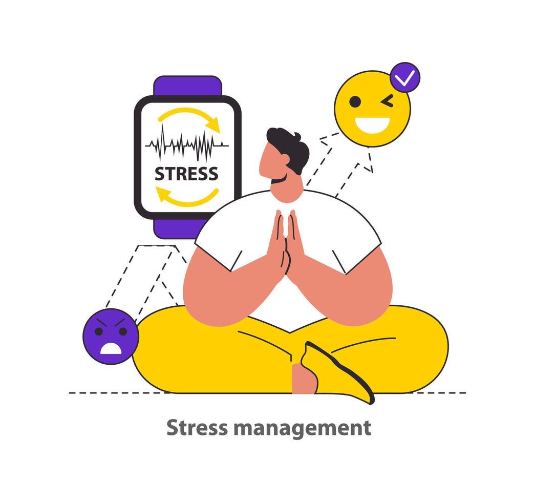 Stress Management concept Showcases the use of technology and mindfulness to monitor and manage stress levels for emotional balance illustration vector