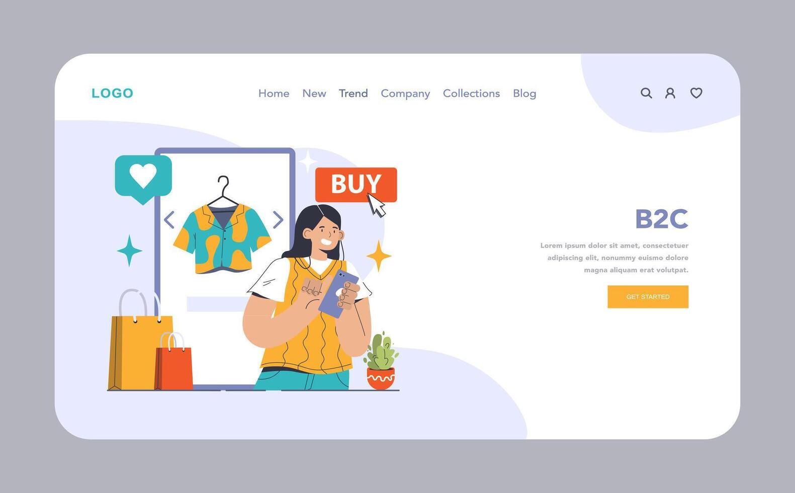 B2C web or landing. Young woman browsing vibrant online store. Selection, vector