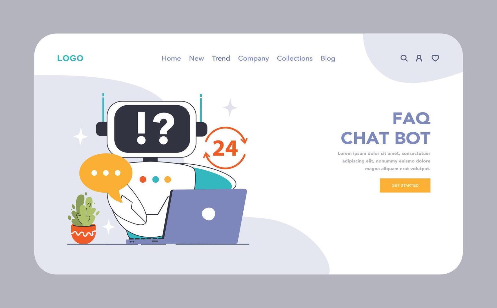 FAQ Chat Bot web or landing. A digital assistant ready for queries, showcasing vector
