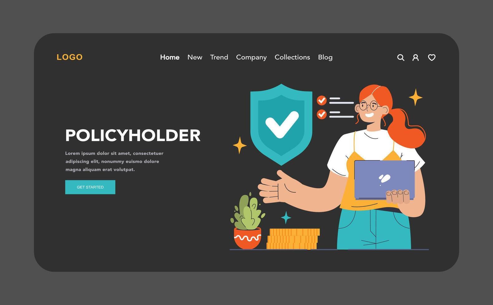 Insurance web banner or landing page dark or night mode. Security vector