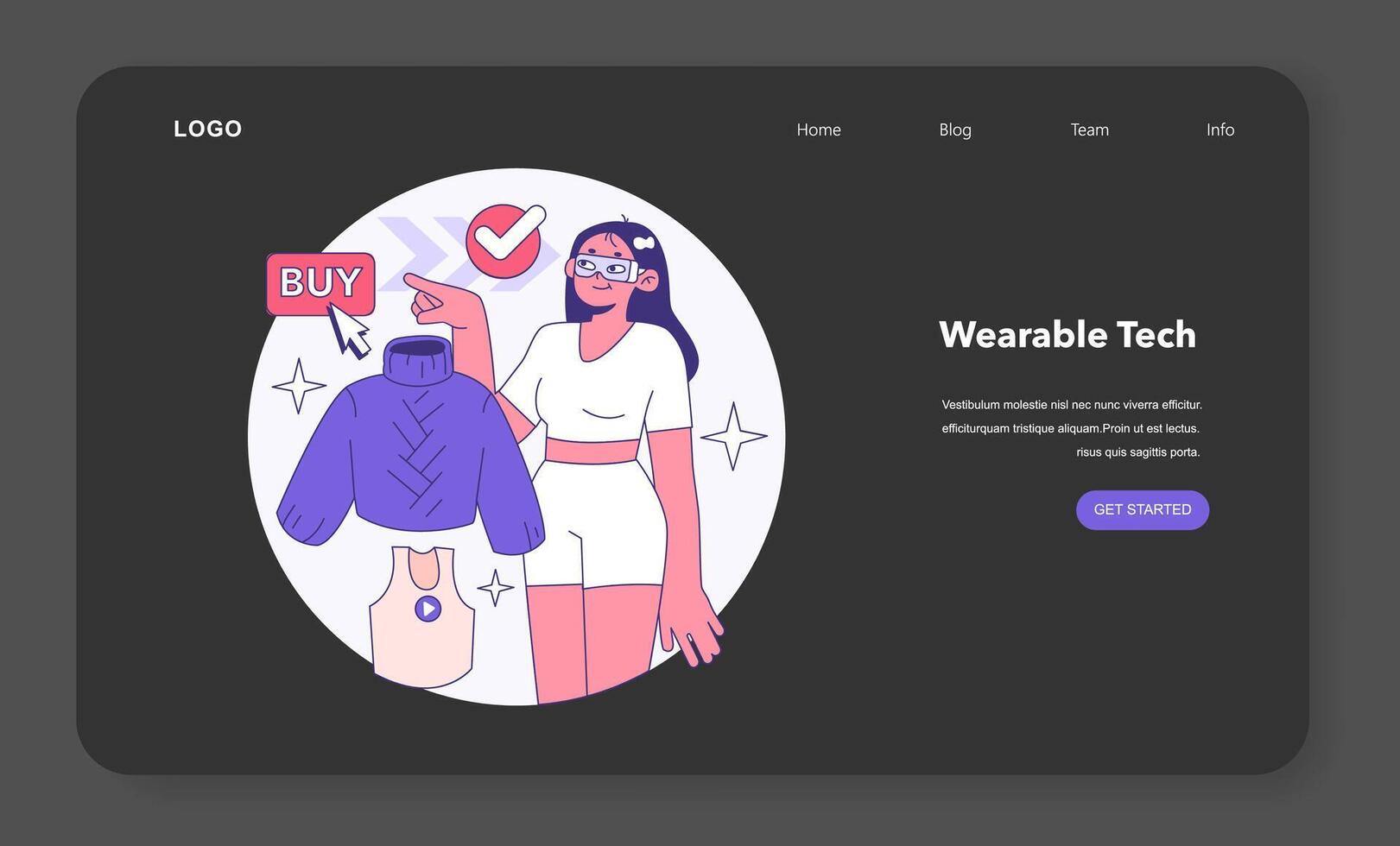 Wearable technology night or dark mode web banner or landing page. vector