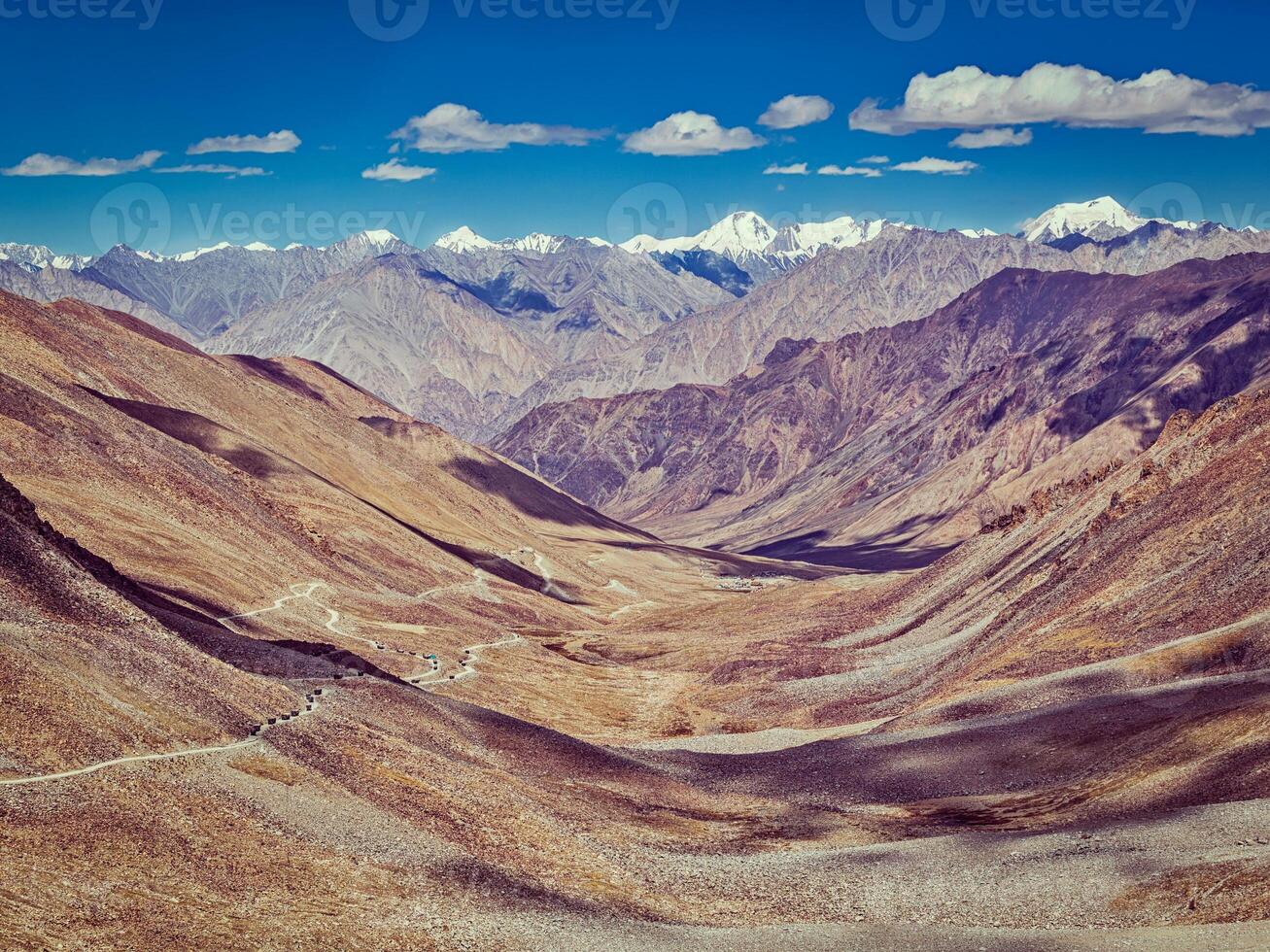 Karakoram Range and road in valley, Ladakh, India photo