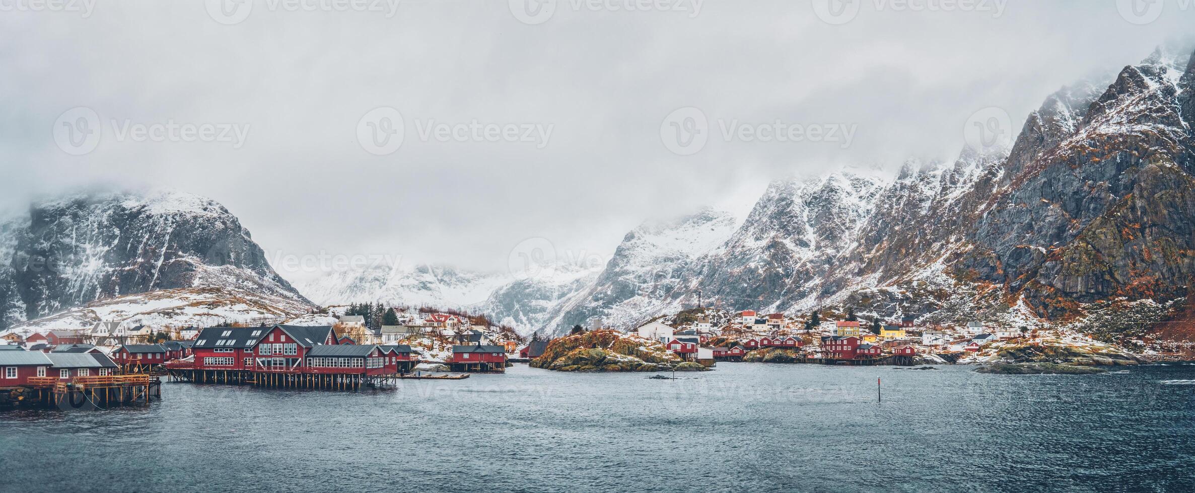 A village on Lofoten Islands, Norway. Panorama photo