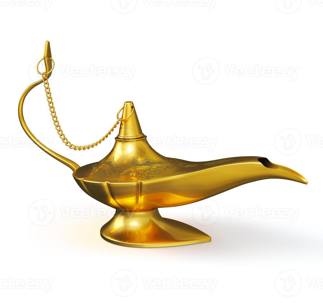 Golden Aladdin magic genie lamp isolated photo
