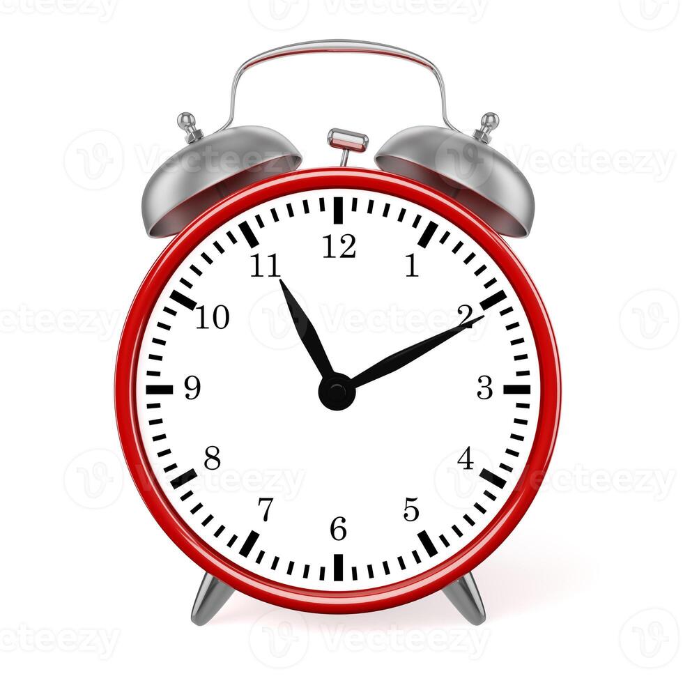 Red retro styled classic alarm clock isolated photo