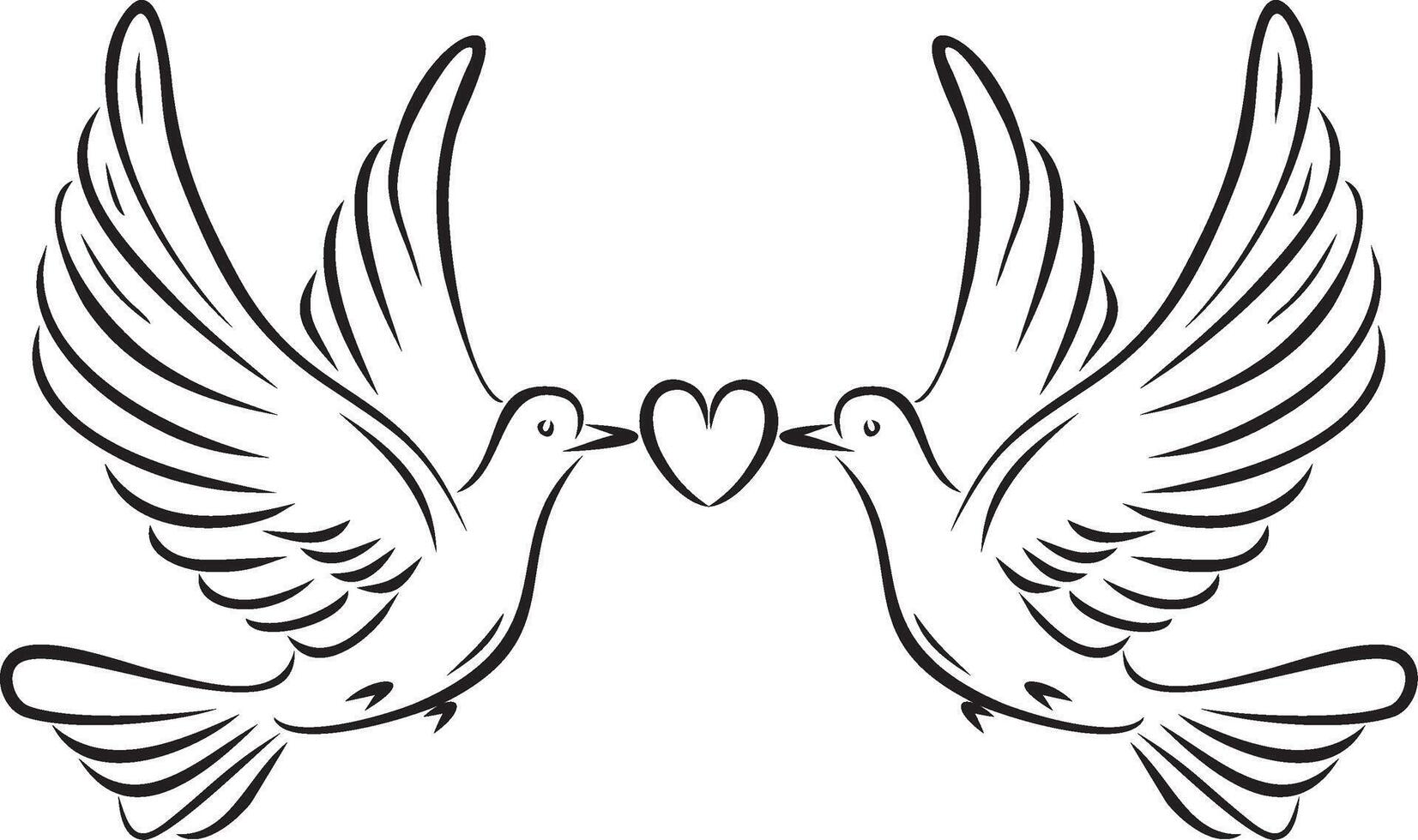 monochrome loving flying doves with a heart in their beak. Bird of love and hope. vector